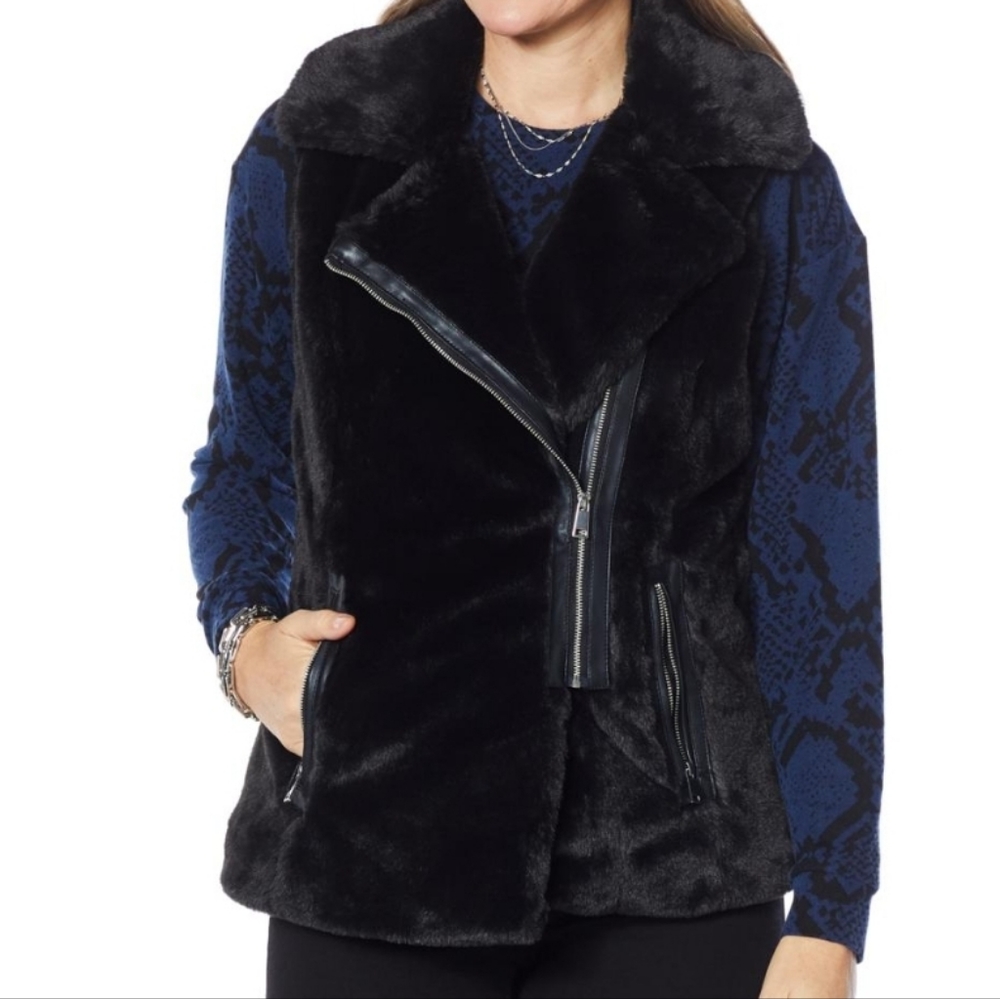 New Colleen Lopez Asymmetric Zip-Front Faux Fur Vest sz regular